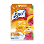 Front-facing Lysol Brand New Day Mango & Hibiscus automatic toilet bowl cleaner package with hand applying gel.