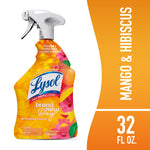 Front-facing Lysol Brand New Day mango & hibiscus all-purpose cleaner spray bottle on white and orange background with scent label