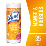 Cylindrical Lysol Brand New Day disinfecting wipes container with mango & hibiscus label on white background