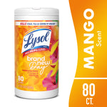 Cylindrical Lysol Brand New Day disinfecting wipes container with mango & hibiscus label on white background
