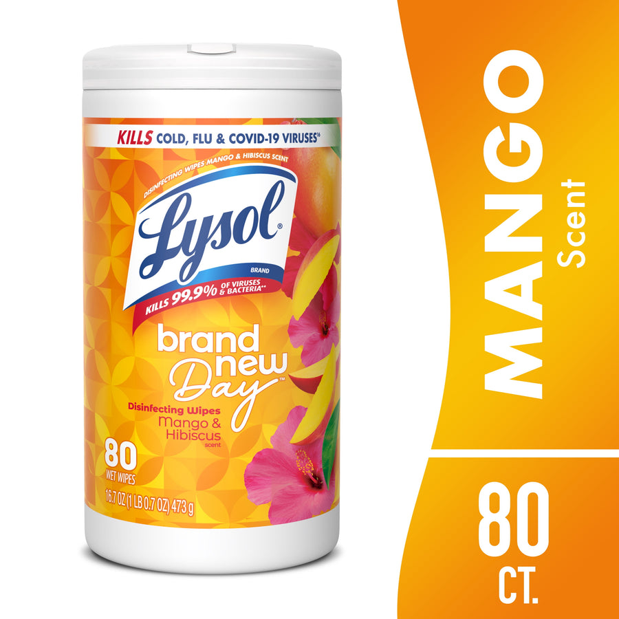 Cylindrical Lysol Brand New Day disinfecting wipes container with mango & hibiscus label on white background