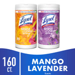 Two Lysol Brand New Day disinfecting wipe canisters, mango & lavender scented, shown side by side on white background.