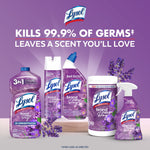 Assortment of Lysol Brand New Day lavender-scented products on a purple background with headline about killing 99.9% of germs.
