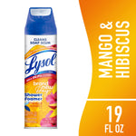 Lysol Brand New Day shower foamer can with mango & hibiscus label and blue cap on white background