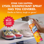 Hand spraying Lysol Brand New Day mango & hibiscus spray onto shoes on a shelf with badge claiming it kills odor-causing bacteria