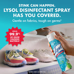 Hand spraying Lysol Brand New Day can toward shoes on a shelf with headline about controlling odors and kill claims badge