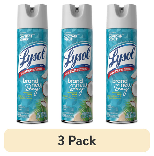 Three Lysol Brand New Day disinfectant spray cans with coconut water and sea minerals design, shown upright