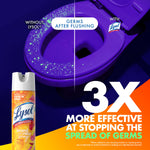 Split-image showing germs on a toilet seat versus a cleaner surface with Lysol Brand New Day spray and 3x effectiveness text