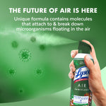 Hand holding Lysol Air Sanitizer can spraying mist with stylized airborne particles and text about formula on green background