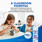 Classroom-themed lifestyle image with students and teacher, plus a Lysol can and text calling it a classroom essential