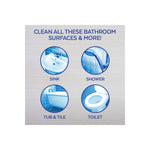 Blue-toned infographic showing sink, shower, tub & tile, and toilet icons under heading clean all these bathroom surfaces & more