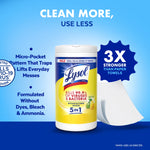 Lysol disinfecting wipes tub on blue background with a textured wipe image and 'clean more, use less' badge