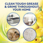 Graphic showing four circular images of kitchen, bathroom and soiled surfaces with text 'Clean tough grease & grime'