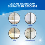 Infographic circles showing bathtub, toilet, sink and shower door uses with headline ‘Cleans bathroom surfaces in seconds’