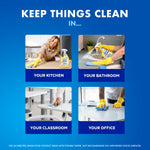 Four lifestyle images showing cleaning scenes labeled your kitchen, bathroom, classroom and office with Lysol bottle