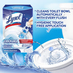 Product and action shot with bulleted benefits showing Lysol Click Gel and toilet splash