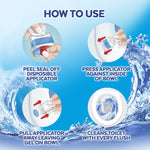 Instructional graphic showing four illustrated steps for applying the Lysol Click Gel applicator