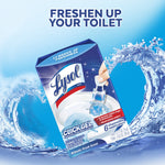 Lysol Click Gel package art over water splash with text 'Freshen up your toilet'