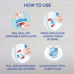 Illustrated how-to-use panel showing peel seal, press applicator to bowl, pull away leaving gel, and cleaning effect icons