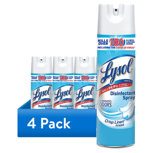 Four Lysol Crisp Linen disinfectant spray cans with one large can in front and a blue 4 Pack label