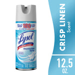 Lysol Crisp Linen disinfectant spray can with blue label and white cap on white background, 12.5 oz branding visible