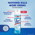 Single Lysol crisp linen disinfectant spray can centered with infographic callouts describing 4-in-1 uses on a light blue background