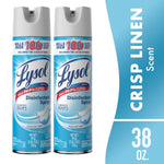 Two Lysol disinfectant spray cans, crisp linen scent, shown side-by-side with blue product panel and text