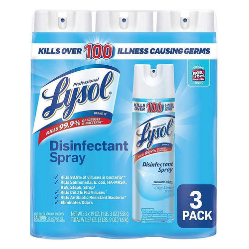 Front view of a Lysol Disinfectant Spray 3-pack in blue packaging showing one can with 'Disinfectant Spray' and '3 PACK' label