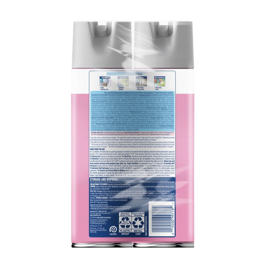 Rear view of two pink Lysol disinfectant spray cans packaged together showing ingredient and usage text on the back label