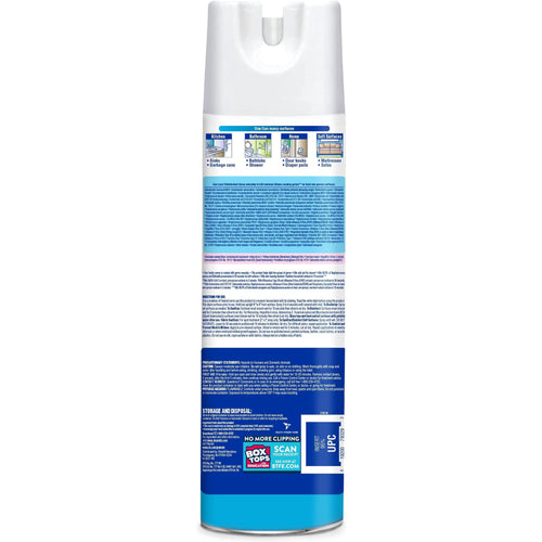 Tall aerosol can shown from the back with detailed Lysol product label and usage instructions