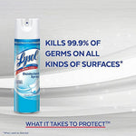Single Lysol Disinfectant Spray can with headline 'Kills 99.9% of germs on all kinds of surfaces' over a light textured background