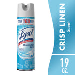 single can of lysol disinfectant spray, crisp linen scent, 19 oz, front view on blue-white background