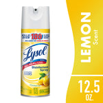Lysol Disinfectant Spray can in Lemon Breeze scent with product label and lemon graphics on a white and yellow background