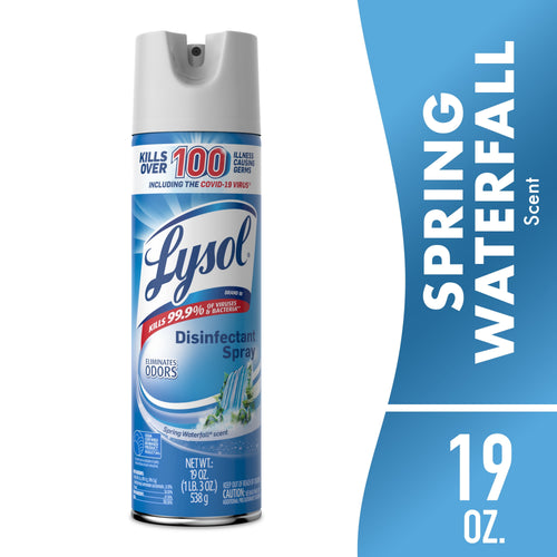 Close-up product shot of a Lysol Disinfectant Spray can in blue Spring Waterfall packaging with label details visible.
