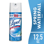 Front-facing Lysol Disinfectant Spray can with Spring Waterfall label and 12.5 oz callout on blue background.