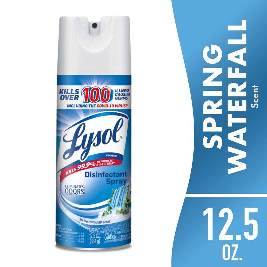 Front-facing Lysol Disinfectant Spray can with Spring Waterfall label and 12.5 oz callout on blue background.