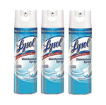 Three Lysol Disinfectant Spray cans with light blue Crisp Linen packaging shown upright against white background