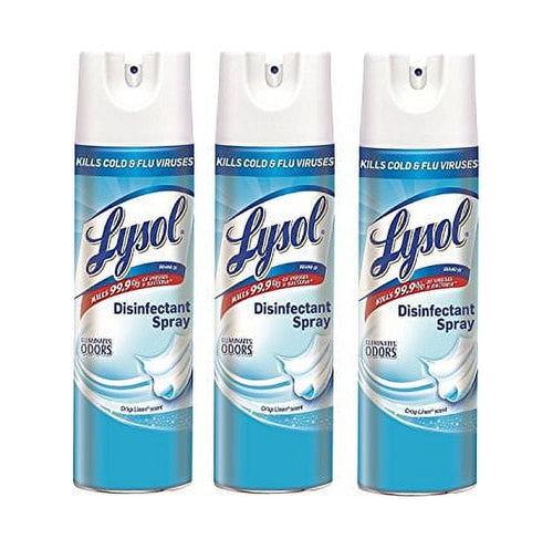 Three Lysol Disinfectant Spray cans with light blue Crisp Linen packaging shown upright against white background