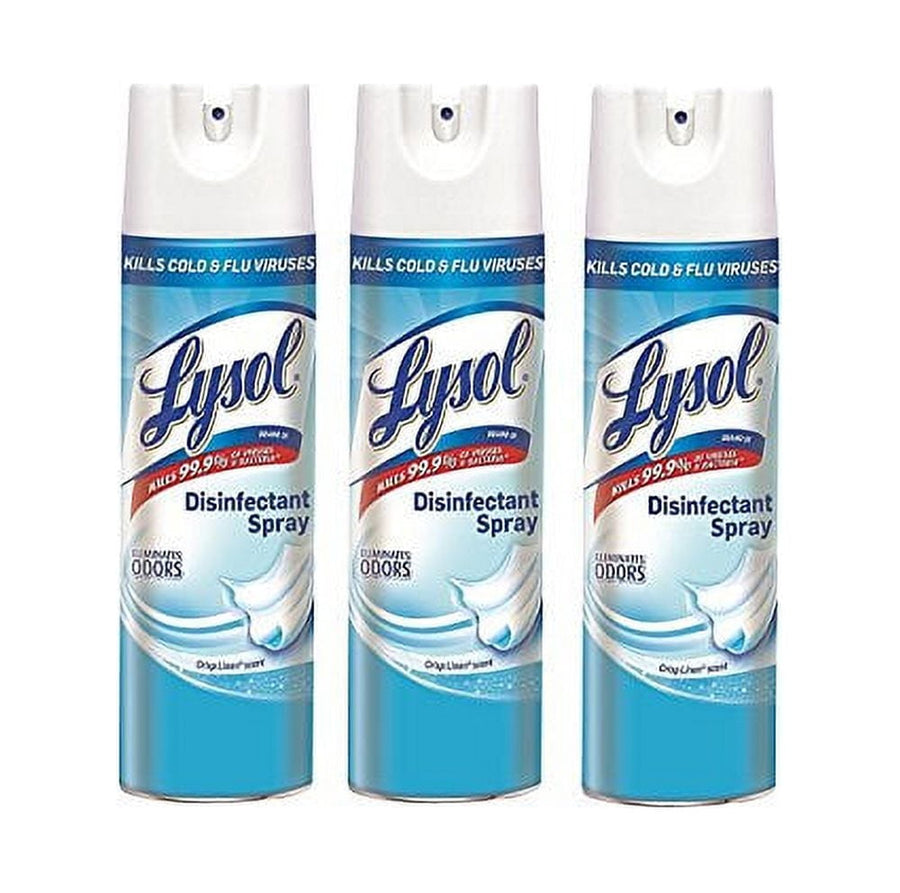 Three Lysol Disinfectant Spray cans with light blue Crisp Linen packaging shown upright against white background