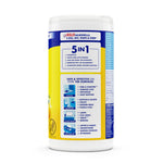 Rear-right view of a Lysol disinfecting wipes canister displaying a 5-in-1 features panel and side text