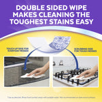 Infographic showing double-sided Lysol wipe with arrows to touch-up and scrubbing uses and hands cleaning surfaces
