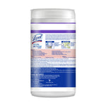 Rear label of a Lysol Dual Action wipes canister showing usage icons and detailed product text