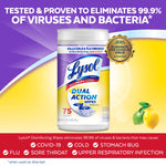 Lysol Dual Action wipes tub shown center with purple and yellow background and badge claiming COVID-19 elimination