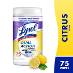 Cylindrical Lysol Dual Action wipes container with citrus graphics and lemon illustration on white background