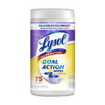 Front-on product shot of Lysol Dual Action wipes canister on white background showing brand and label