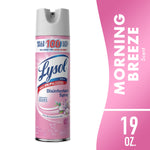 Pink Lysol disinfectant spray can with floral graphic and 'Morning Breeze' branding on white background