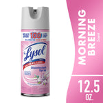 Pink Lysol Disinfectant Spray can with floral graphic and 'Morning Breeze' branding on white background