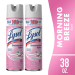 Two pink Lysol Disinfectant Spray cans in Early Morning Breeze scent shown side by side with branding