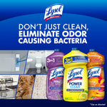 Lysol brand banner reading 'Don't just clean, eliminate odor causing bacteria' with three Power Clean bottles and small usage scenes