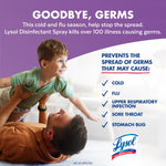 Family lifestyle scene with adult and child playing and text describing germ prevention alongside Lysol logo